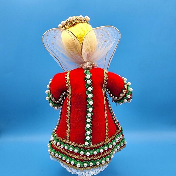 Vintage 1960s Angel Tree Topper Red Felt Dress Gold Trim Pearls Yellow Hair 9" - Picture 5 of 11